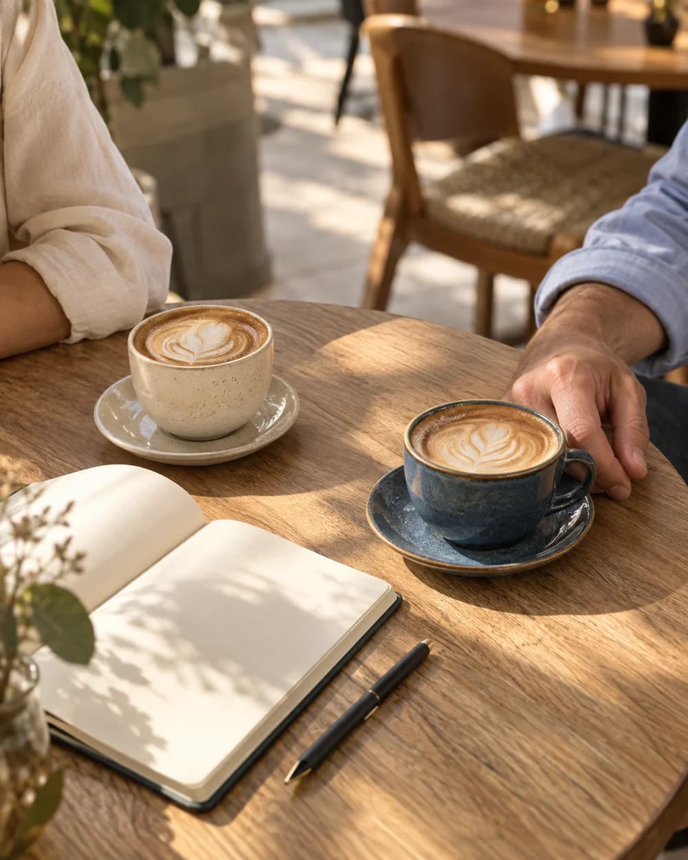 Sfeerbeeld: twee kopjes koffie en een open notitieboek, klaar voor een gesprek.