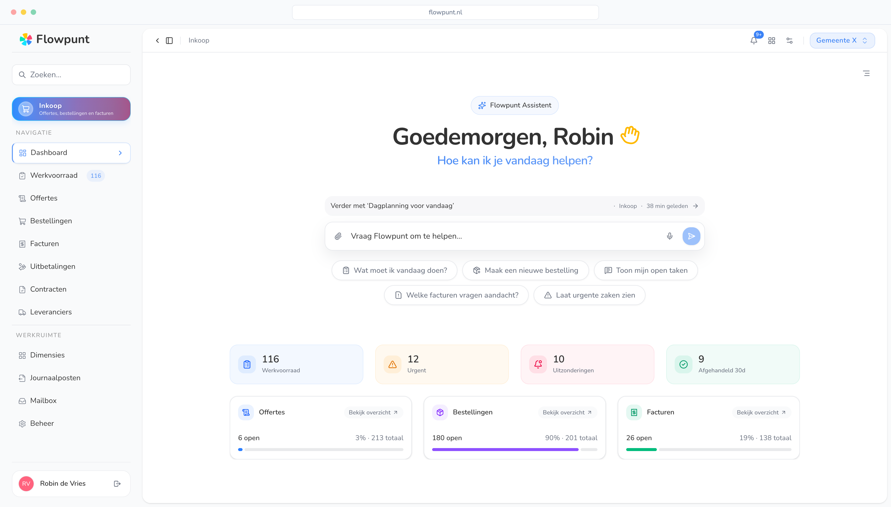 Het Flowpunt-inkoopdashboard met de AI-assistent, werkvoorraad, offertes, bestellingen en facturen.